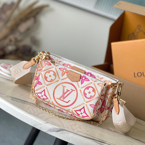 Louis Vuitton MULTI POCHETTE ACCESSOIRES 24 IN CORAL MONOGRAM TILES CANVAS GOLD HARDWARE