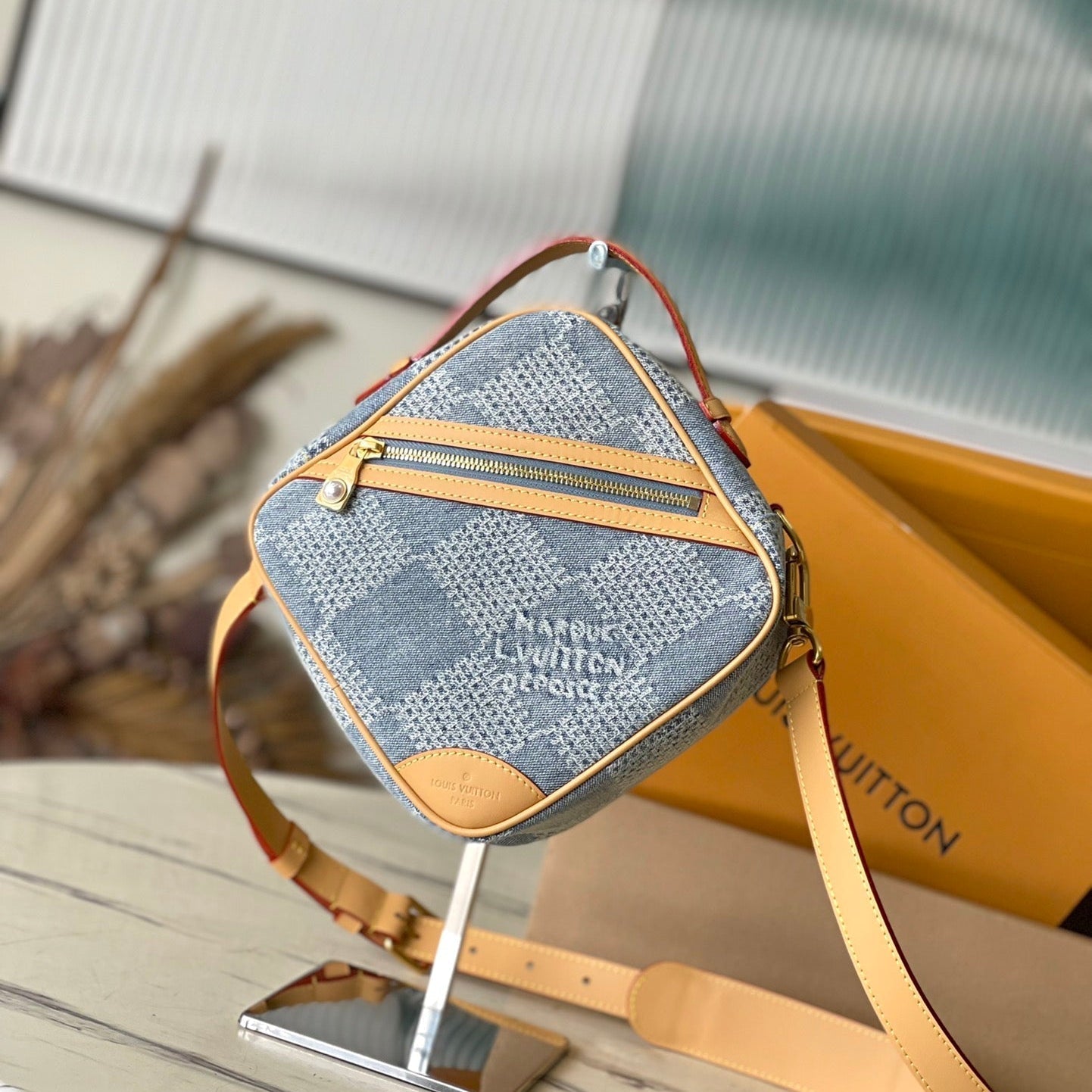 Louis Vuitton CHESS MESSENGER 24 IN COLUMBIA BLUE DAMIER DENIM 3D