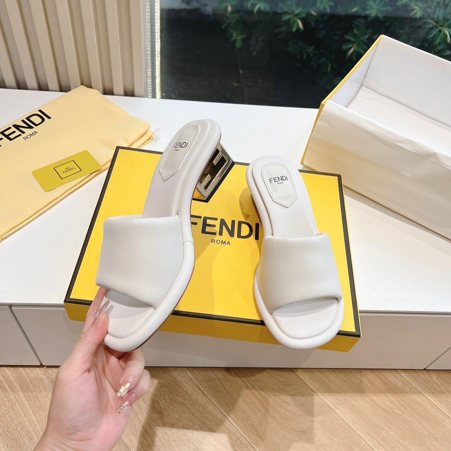 FENDI FF Baguette Slides Women 45 Nappa Leather White