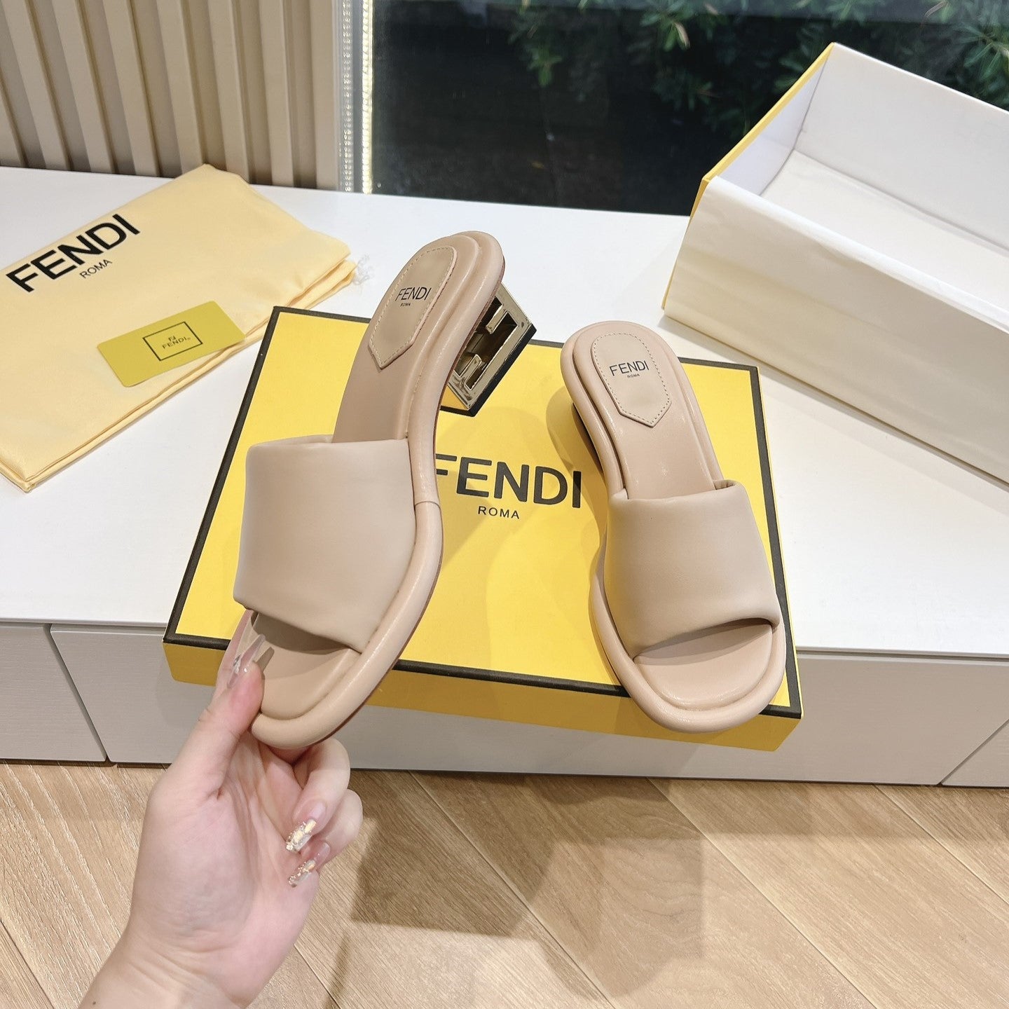 FENDI FF Baguette Slides Women 45 Nappa Leather Beige