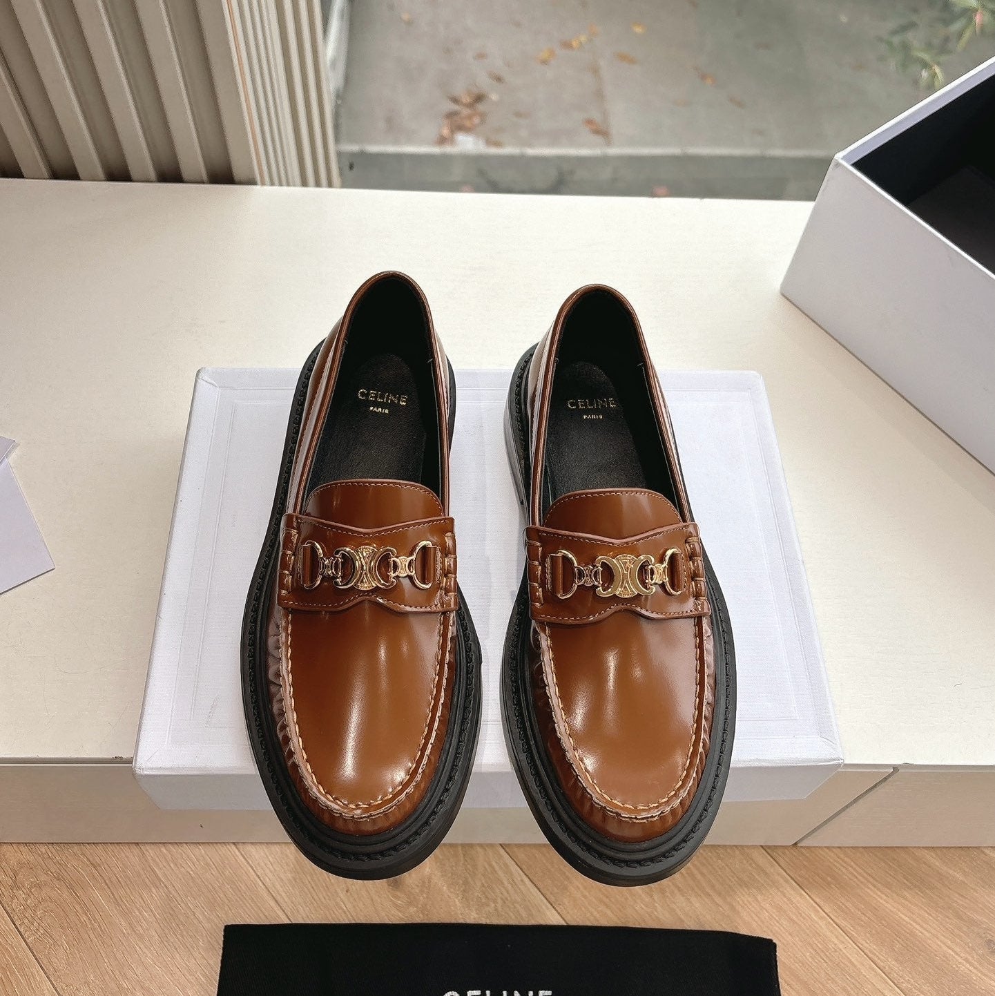 Celine CELINE Buckle Triomphe Loafers Golden Leather 285955