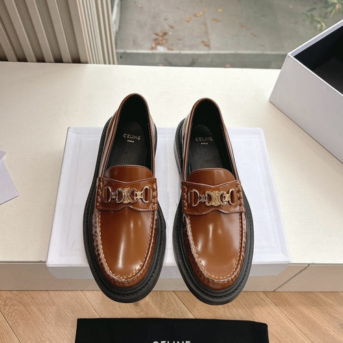 Celine CELINE Buckle Triomphe Loafers Golden Leather 285955