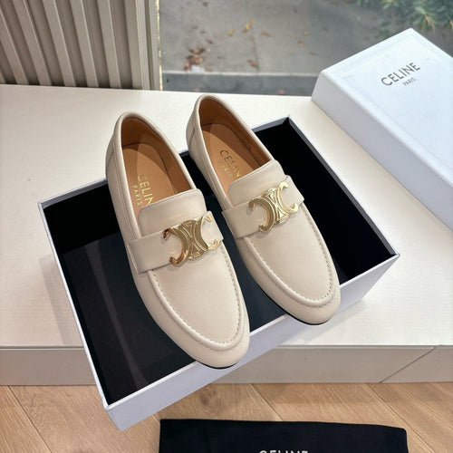 Celine CELINE Buckle Triomphe Loafers White Leather 285957
