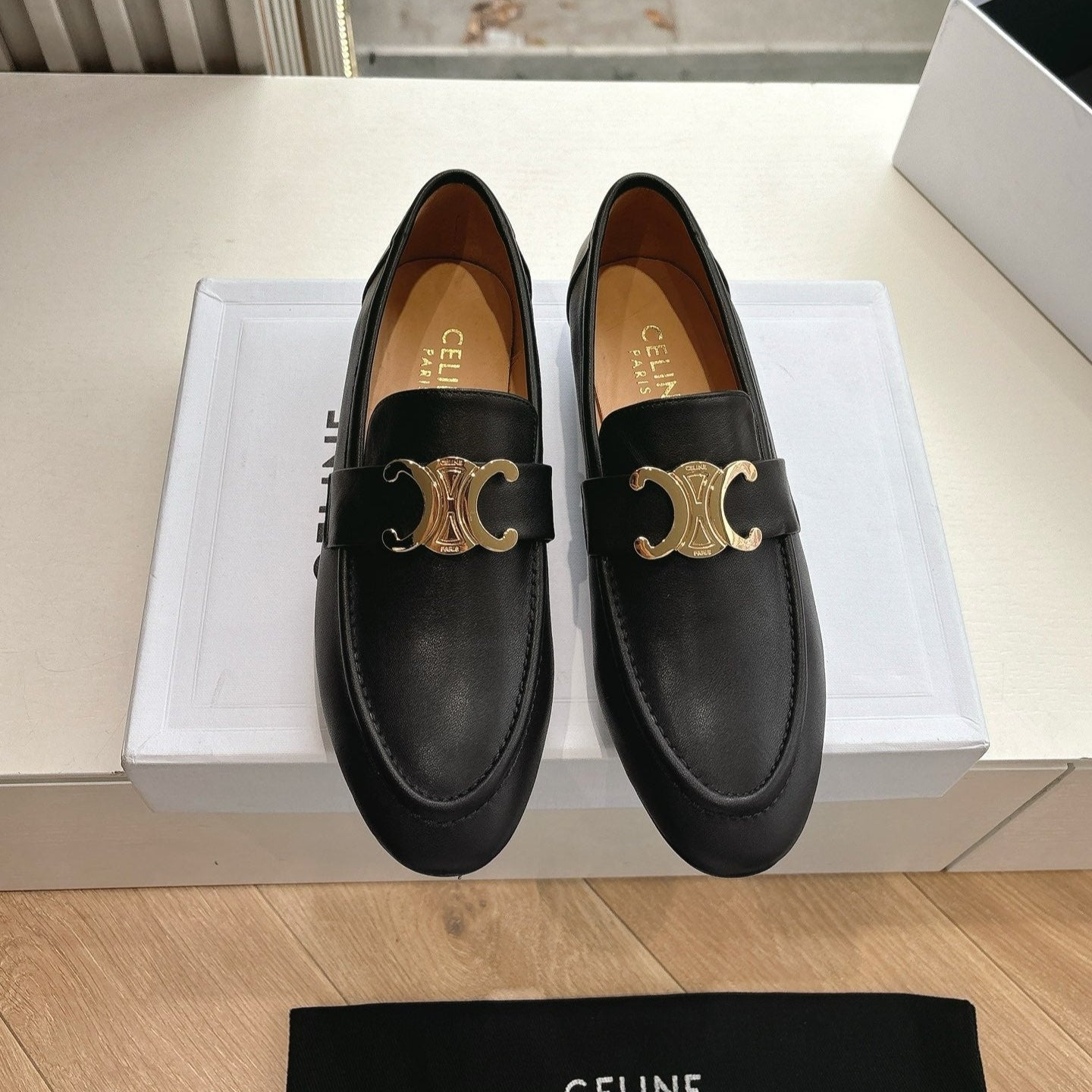 Celine CELINE Buckle Triomphe Loafers Black Leather 285958