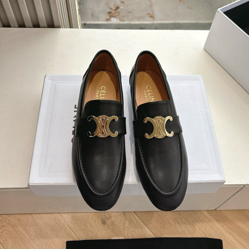 Celine CELINE Buckle Triomphe Loafers Black Leather