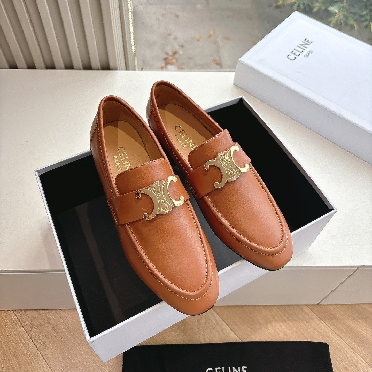 Celine CELINE Buckle Triomphe Loafers Golden Leather
