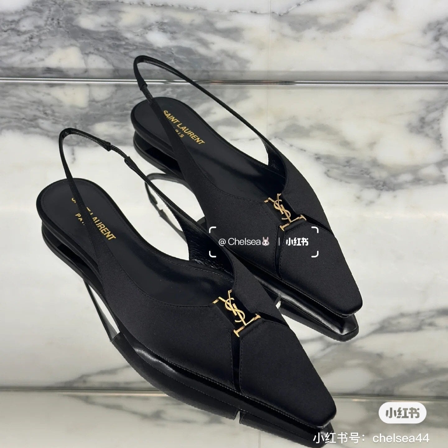 Saint Laurent SL BABYLONE SLINGBACK FLAT BLACK SATIN CREPE