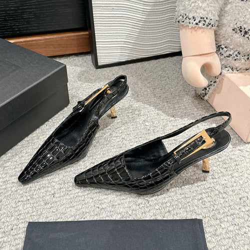 Saint Laurent LEE SLINGBACK MID PUMPS IN BLACK CROCODILE SHINY CALFSKIN