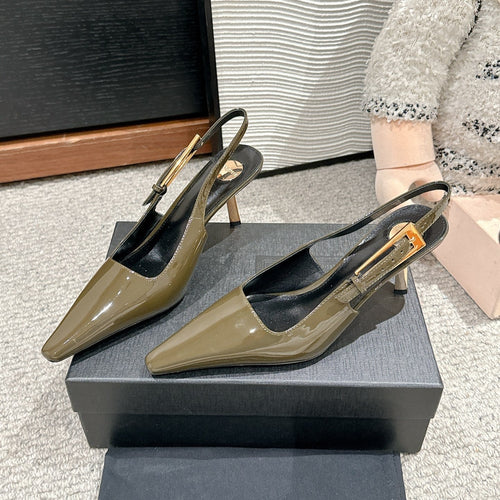 Saint Laurent LEE SLINGBACK MID PUMPS IN ARMY GREEN SHINY CALFSKIN