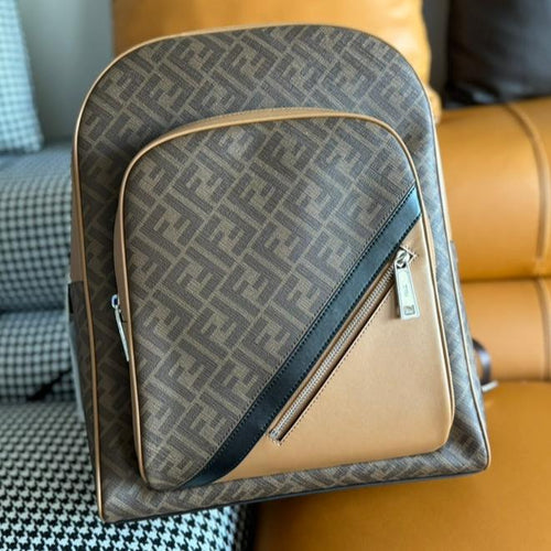FENDI FENDI 44 MINI BACKPACK IN CAMEL BROWN MONOGRAM JACQUARD FABRIC AND CALFSKIN