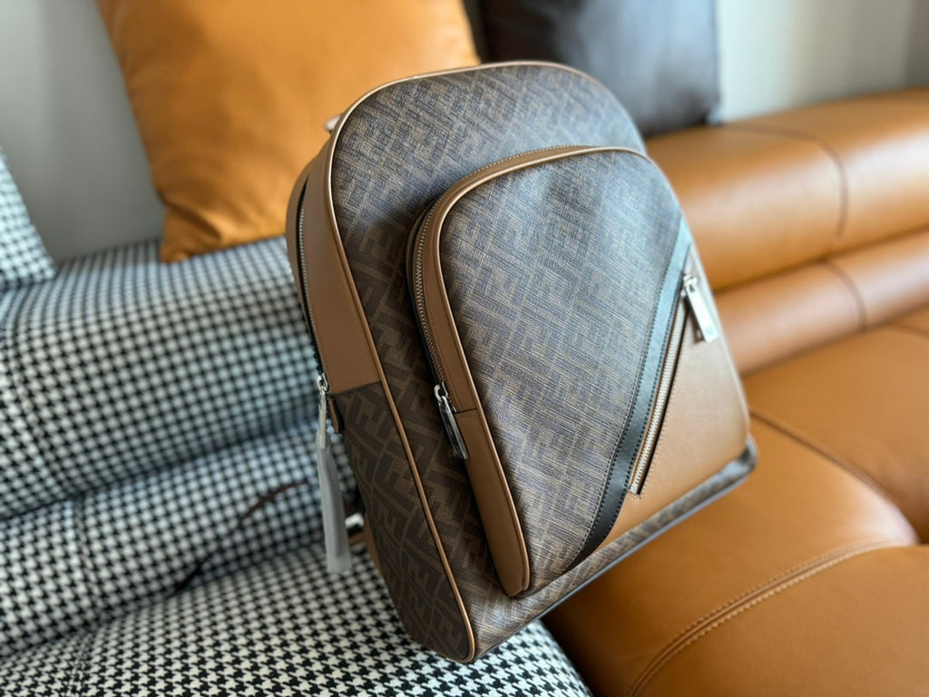 FENDI FENDI 44 MINI BACKPACK IN CAMEL BROWN MONOGRAM JACQUARD FABRIC AND CALFSKIN