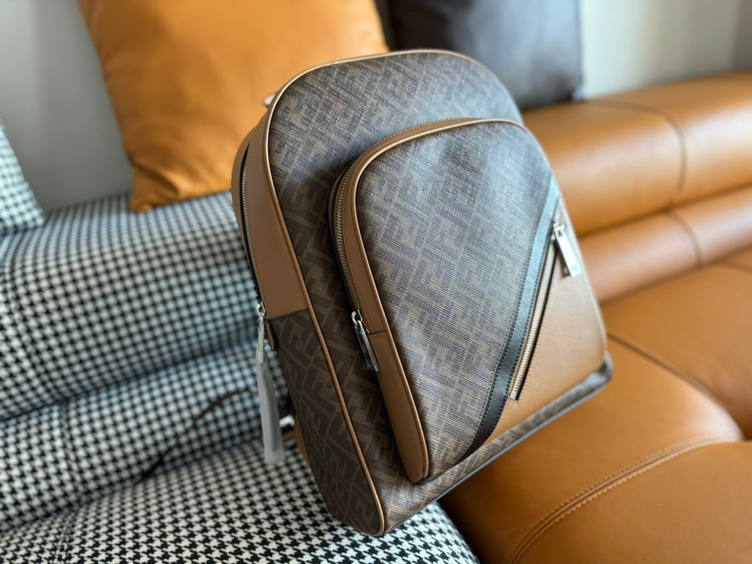 FENDI FENDI 44 MINI BACKPACK IN CAMEL BROWN MONOGRAM JACQUARD FABRIC AND CALFSKIN