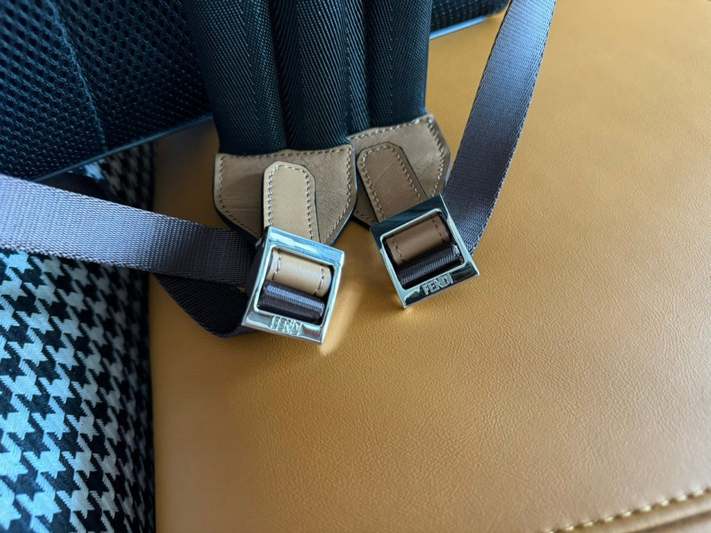 FENDI FENDI 44 MINI BACKPACK IN CAMEL BROWN MONOGRAM JACQUARD FABRIC AND CALFSKIN