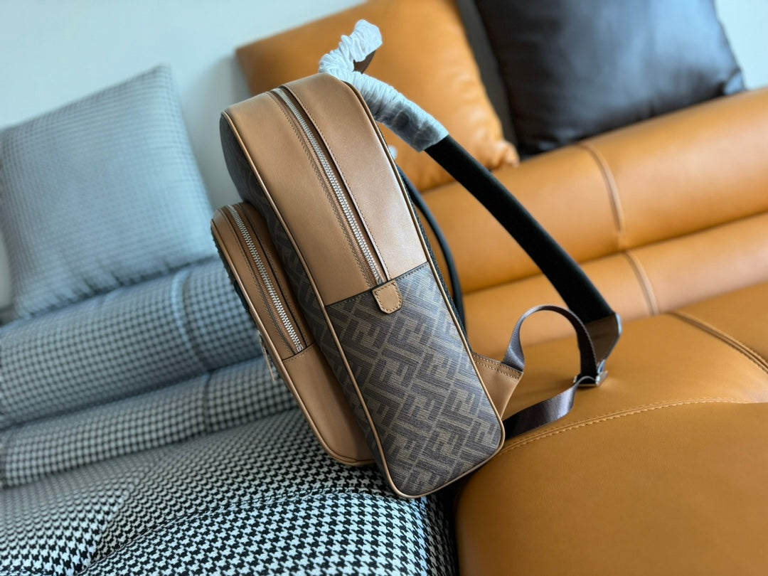 FENDI FENDI 44 MINI BACKPACK IN CAMEL BROWN MONOGRAM JACQUARD FABRIC AND CALFSKIN