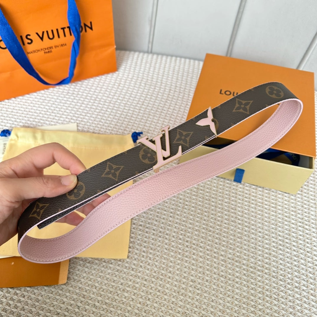 Louis Vuitton Pretty 30mm Reversible Belt Pink Gold Buckle Pink Brown Leather
