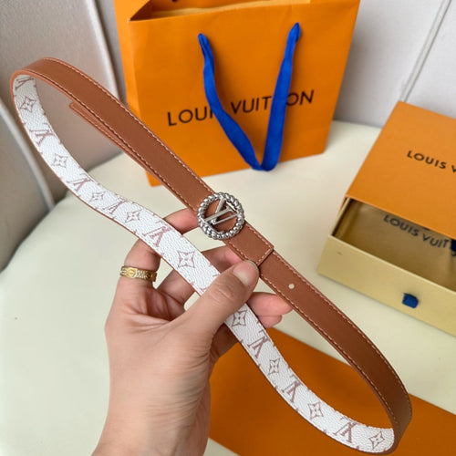 Louis Vuitton Circle Nautical 20mm Reversible Square End Tip Belt Silver Buckle Tan White lambskin