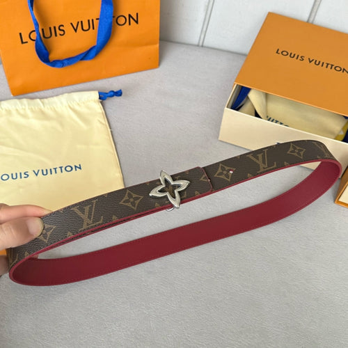 Louis Vuitton Flowergram 30mm Reversible Belt Silver Buckle Burgundy Brown Leather