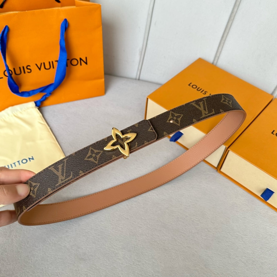 Louis Vuitton Flowergram 30mm Reversible Belt Gold Buckle Beige Brown Leather
