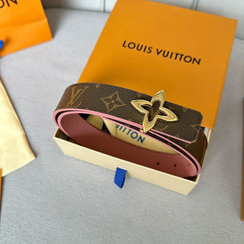 Louis Vuitton Flowergram 30mm Reversible Belt Gold Buckle Pink Brown Leather