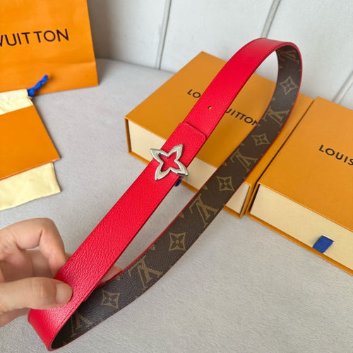 Louis Vuitton Flowergram 30mm Reversible Belt Silver Buckle Red Brown Leather