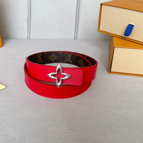 Louis Vuitton  MINI FLOWERGRAM 30MM REVERSIBLE BELT IN CHERRY RED CALFSKIN SILVER HARDWARE