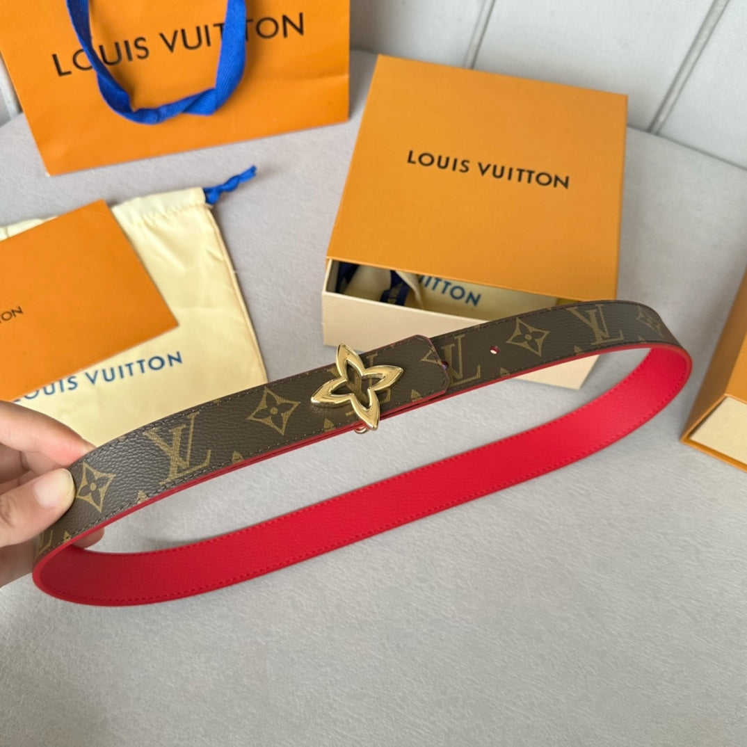 Louis Vuitton Flowergram 30mm Reversible Belt Gold Buckle Red Brown Leather