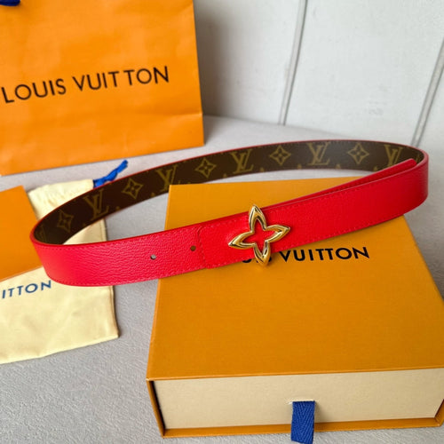Louis Vuitton  MINI FLOWERGRAM 30MM REVERSIBLE BELT IN CHERRY RED CALFSKIN GOLD HARDWARE