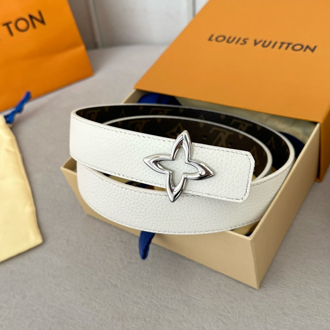 Louis Vuitton  MINI FLOWERGRAM 30MM REVERSIBLE BELT IN WHITE CALFSKIN SILVER HARDWARE