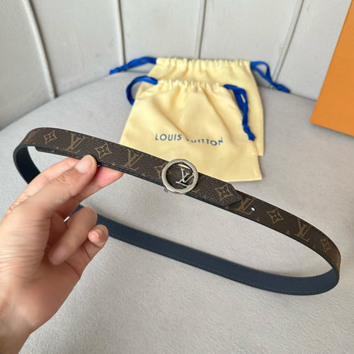 Louis Vuitton Circle 20mm Reversible Belt Silver Buckle Navy Blue Brown Leather