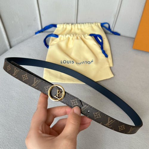 Louis Vuitton Circle 20mm Reversible Belt Gold Buckle Navy Blue Brown Leather