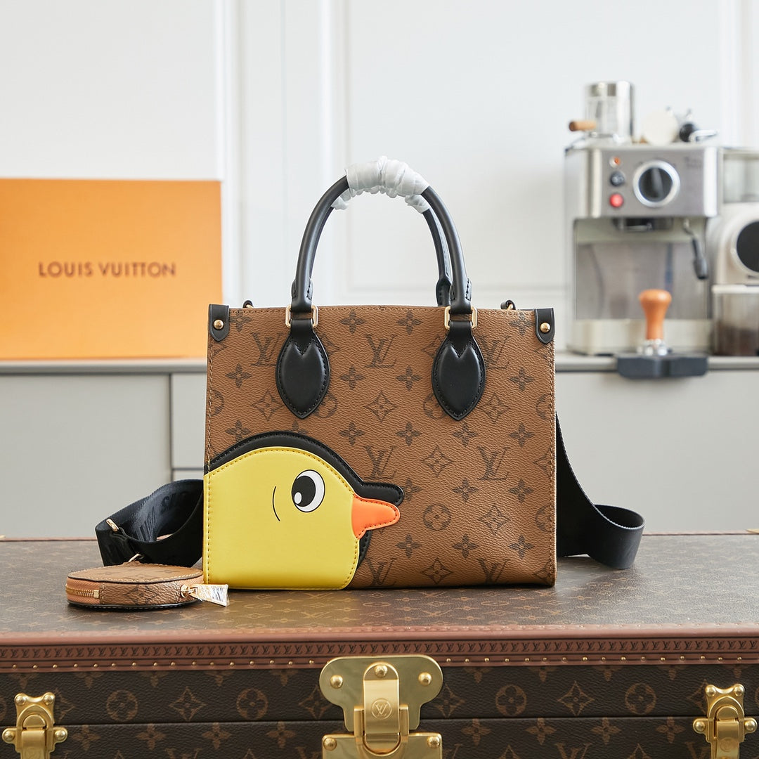Louis Vuitton ONTHEGO PM 25 IN BROWN MONOGRAM CANVAS WITH DUCK SHAPE