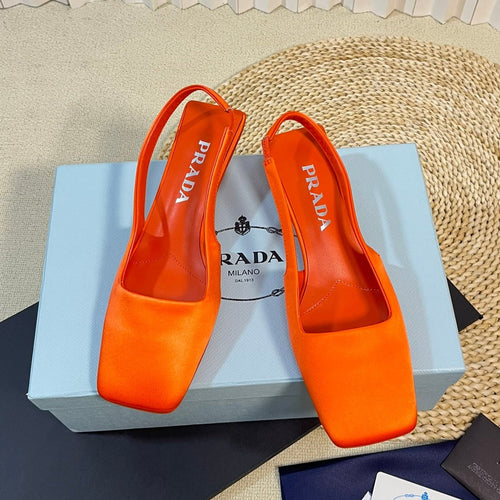 PRADA SQUARE TOE SLINGBACK PUMPS BRIGHT ORANGE SATIN