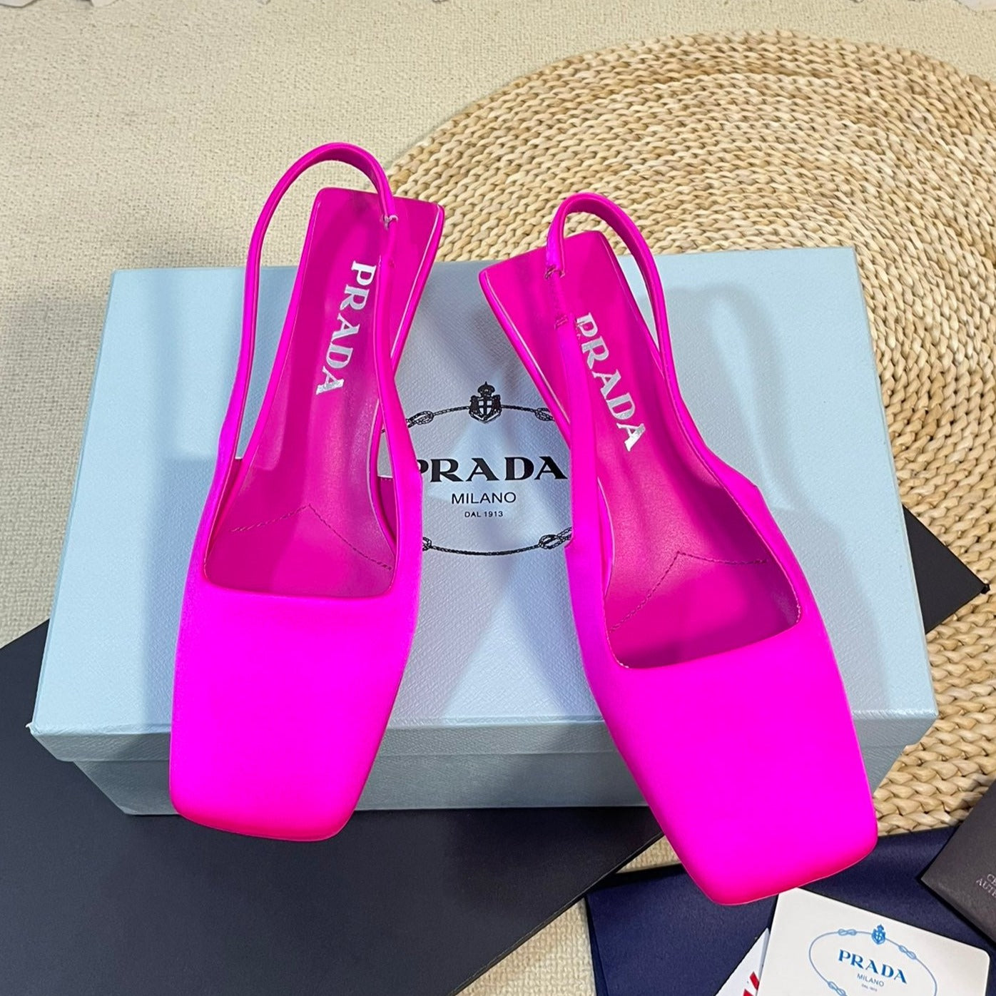 PRADA SQUARE TOE SLINGBACK PUMPS BRIGHT PINK SATIN