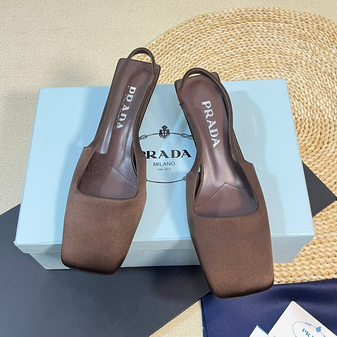 PRADA SQUARE TOE SLINGBACK PUMPS CHOCOLATE SATIN