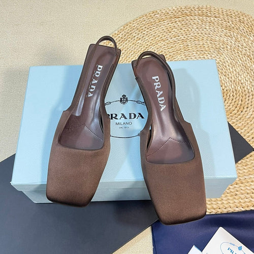 PRADA SQUARE TOE SLINGBACK PUMPS CHOCOLATE SATIN