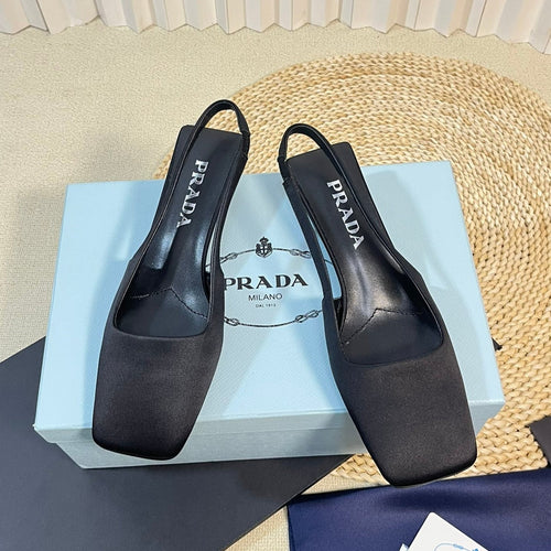 PRADA SQUARE TOE SLINGBACK PUMPS BLACK SATIN