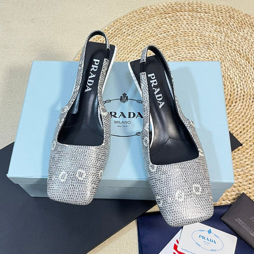 PRADA SQUARE TOE SLINGBACK PUMPS PALE SNAKESKIN MOTIF SATIN