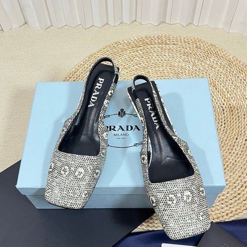 PRADA SQUARE TOE SLINGBACK PUMPS SNAKESKIN MOTIF SATIN