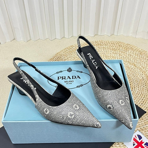 PRADA POINTED TOE SLINGBACK PUMPS SNAKESKIN MOTIF SATIN