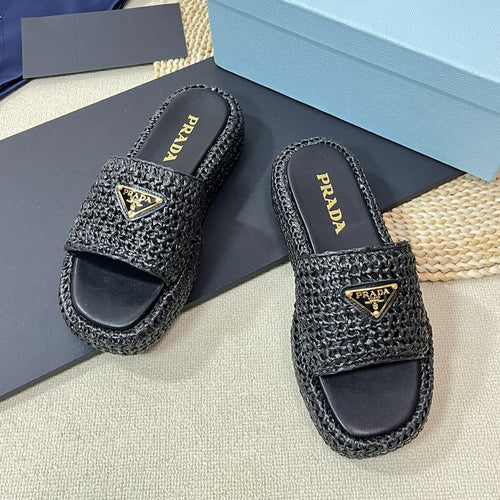 PRADA CROCHET FLATFORM SLIDES BLACK RAFFIA