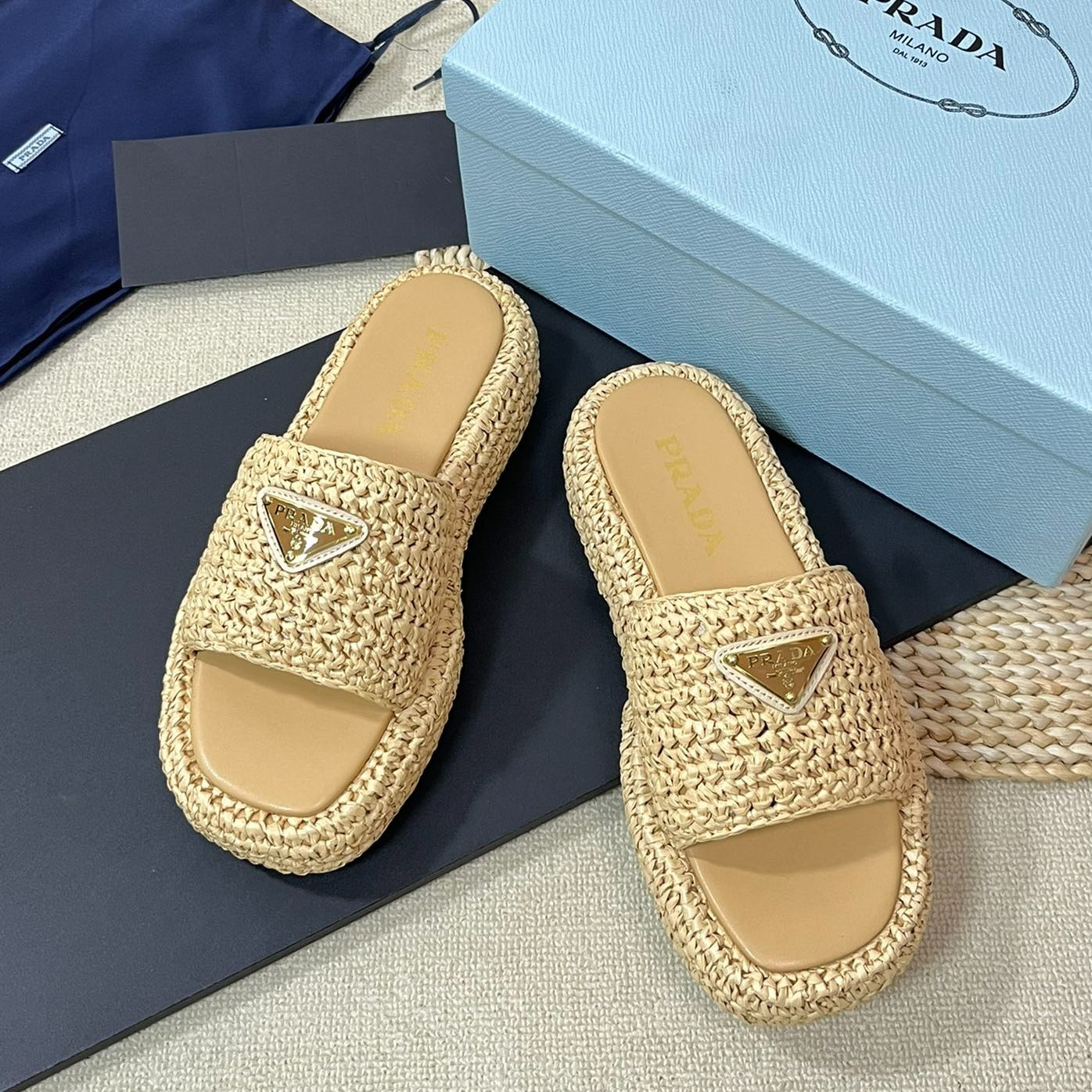 PRADA WEDGE FLATFORM SLIDES BEIGE RAFFIA