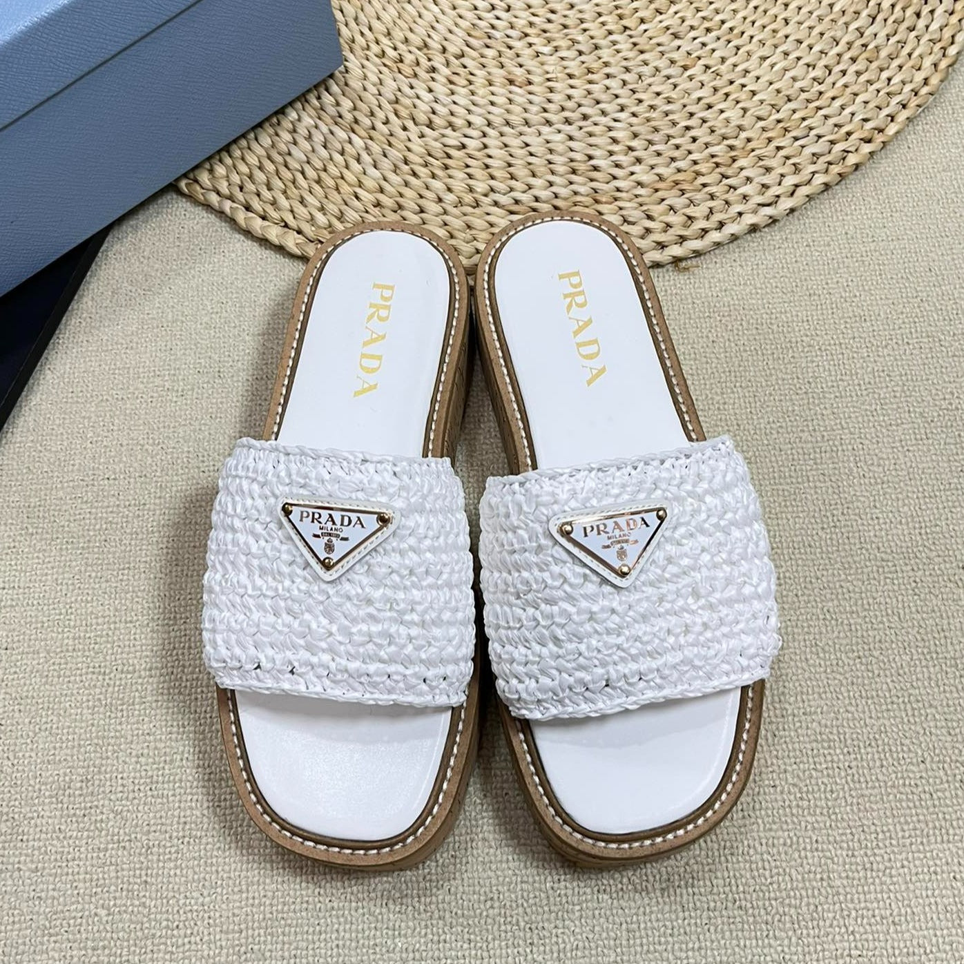PRADA WEDGE FLATFORM SLIDES WHITE RAFFIA