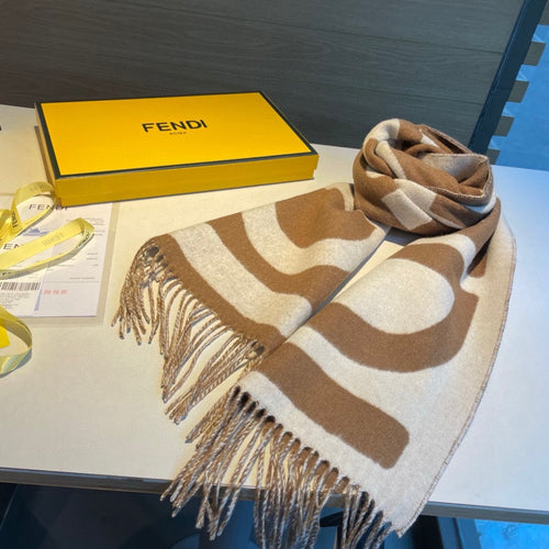 FENDI FF 185 CM SCARF IN CARAMEL BROWN MIX WHITE CASHMERE AND WOOL