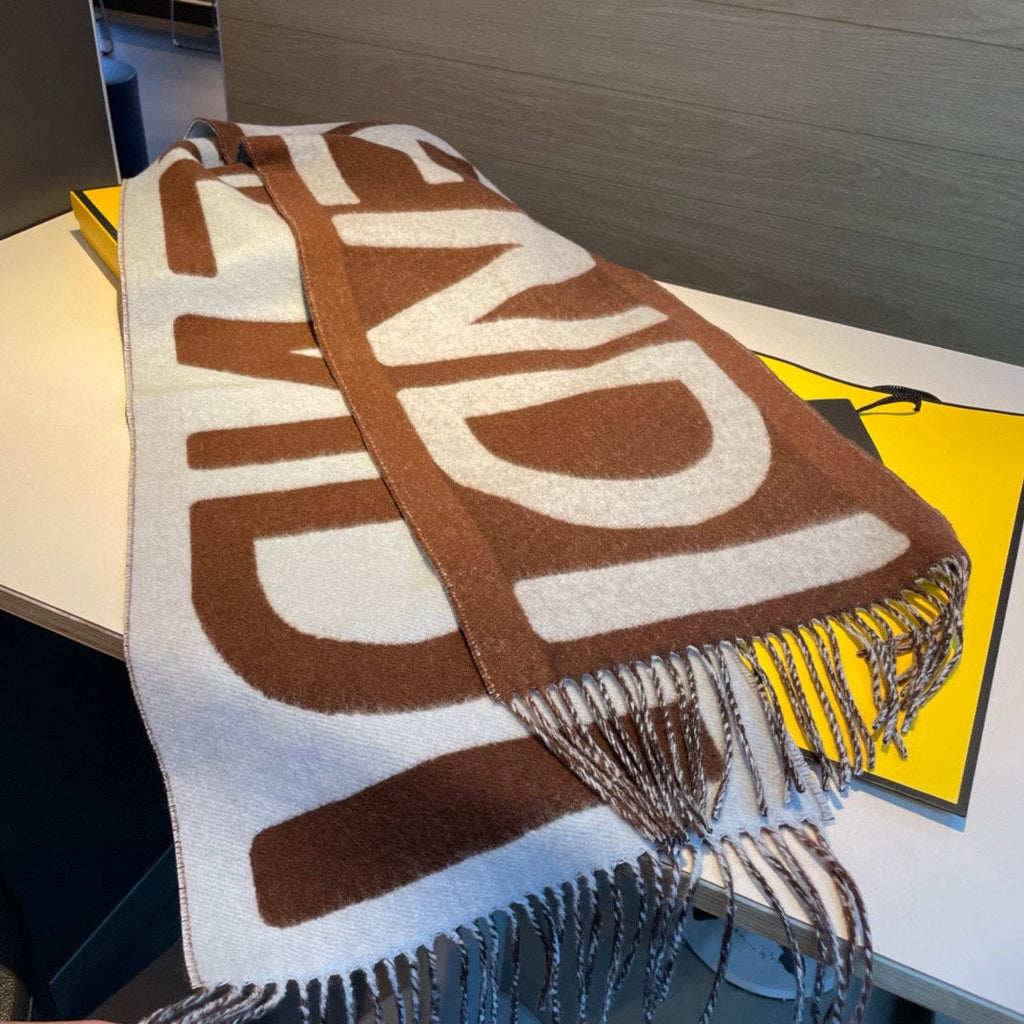 FENDI FF 185 CM SCARF IN CAMEL BROWN MIX GREY CASHMERE AND WOOL