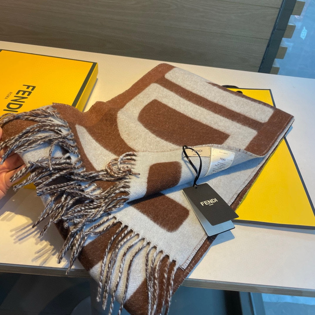 FENDI FF 185 CM SCARF IN CAMEL BROWN MIX GREY CASHMERE AND WOOL