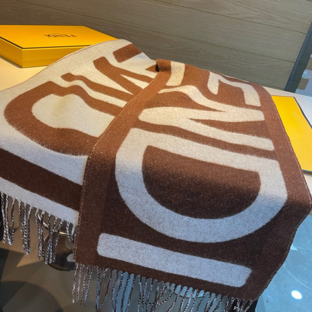 FENDI FF 185 CM SCARF IN CAMEL BROWN MIX GREY CASHMERE AND WOOL