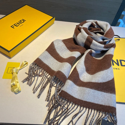 FENDI FF 185 CM SCARF IN CAMEL BROWN MIX GREY CASHMERE AND WOOL