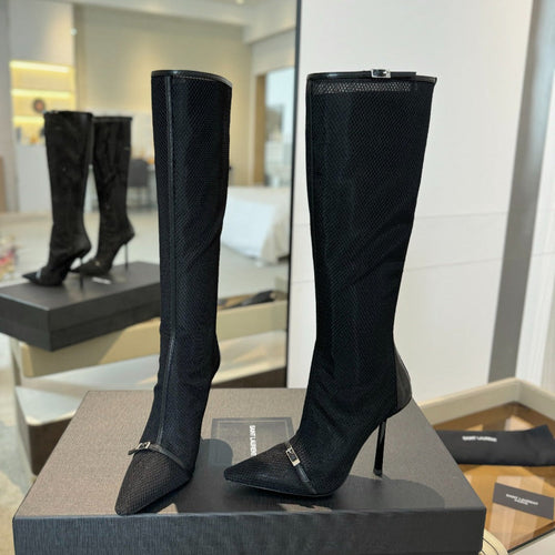 Saint Laurent HIGH KNEE BOOTS IN BLACK MESH