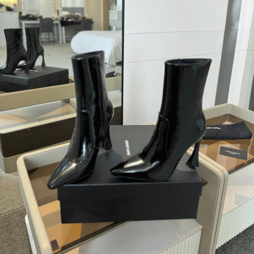 Saint Laurent HIGH HEEL POINTED-TOE ANKLE BOOTS IN BLACK SHINY CALFSKIN