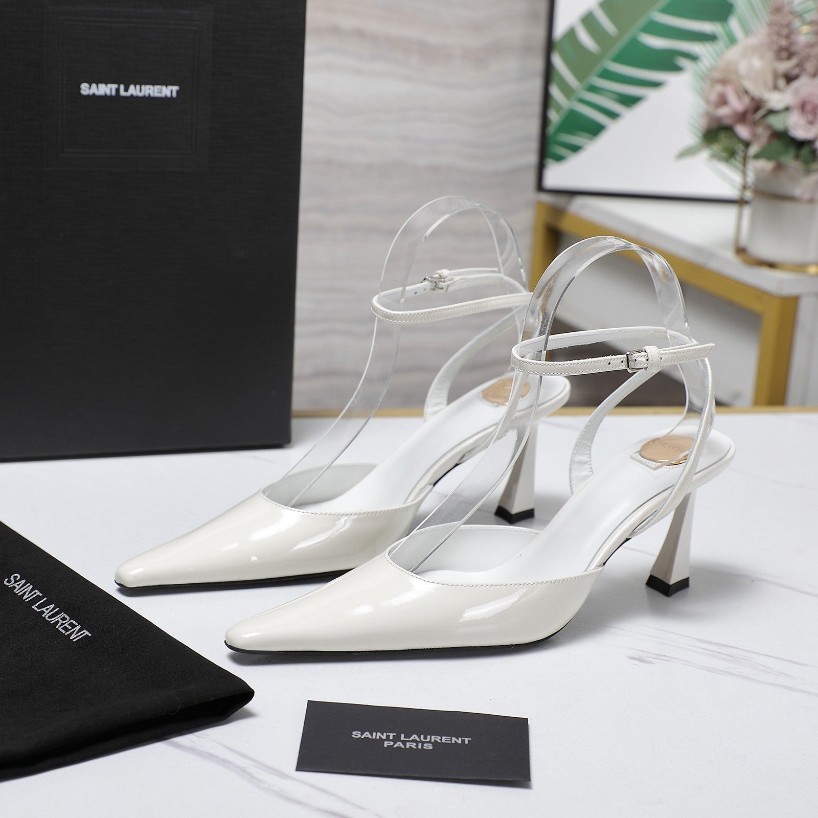 Saint Laurent AIMÉE SLINGBACK PUMPS IN WHITE GLOSSY LAMBSKIN